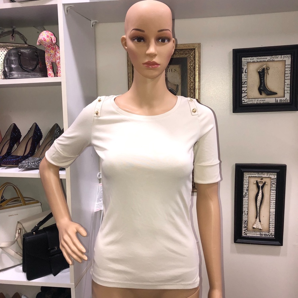 Lauren Ralph Lauren Cream Shoulder Button Crew Neck Stretchy Top Size XS
